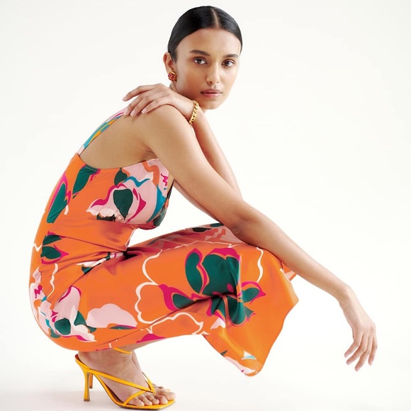 Reformation Daytona Silk Dress Medium Sleeveless Orange Floral Midi V Neck - Picture 9 of 16